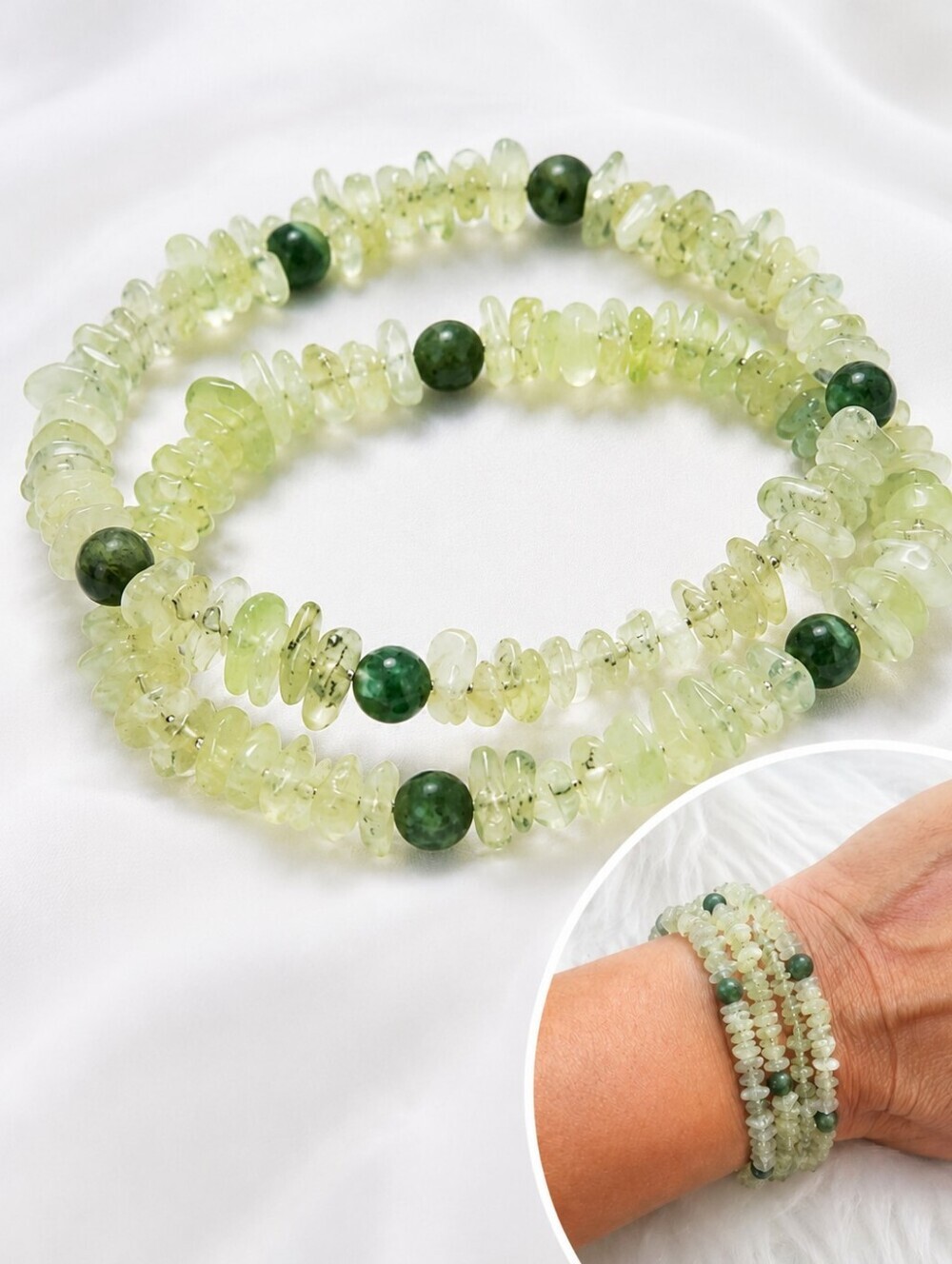 Prehnite Jade Beaded Wrap Bracelet Green Gemstone Chip